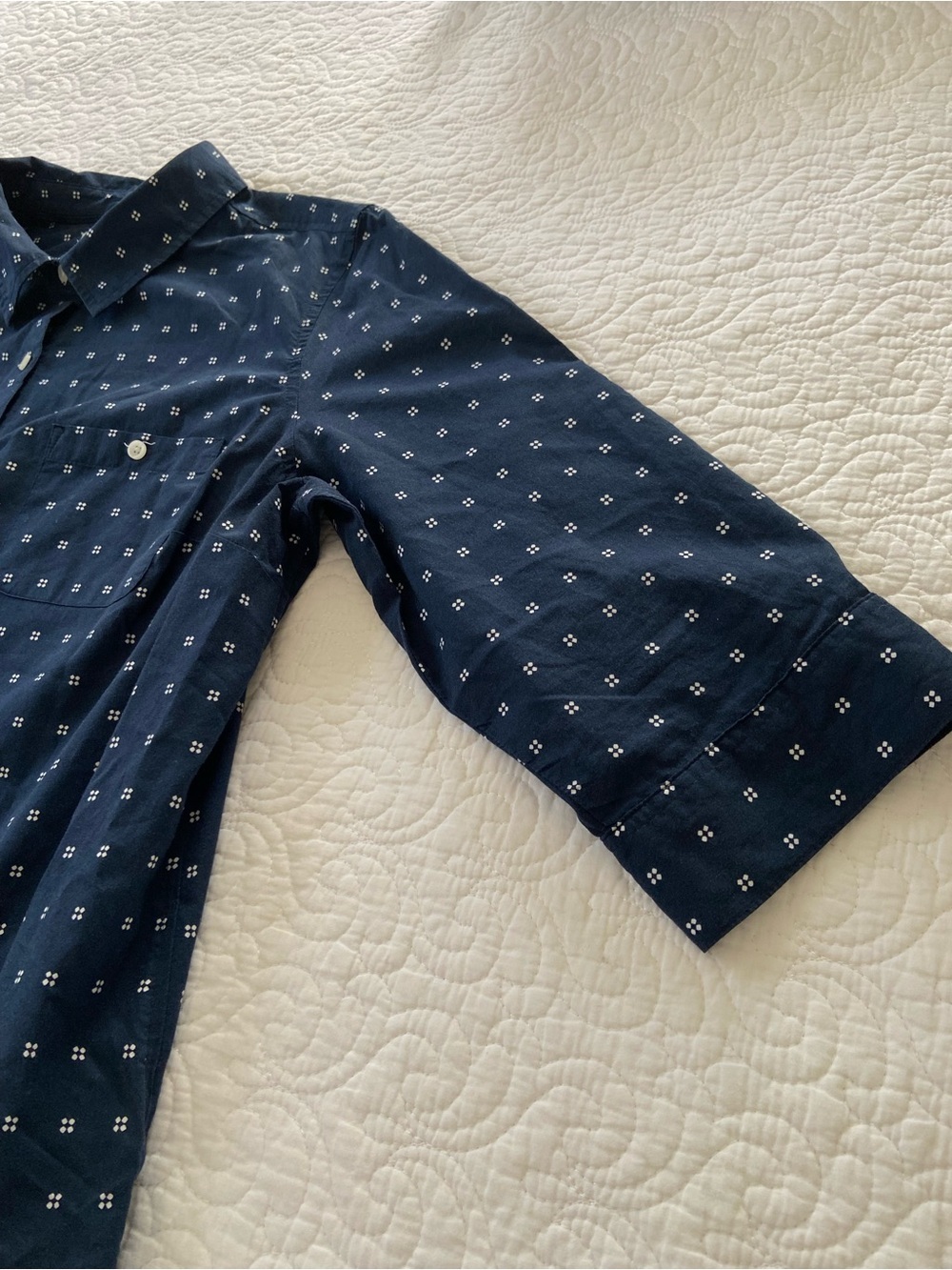 Croft & Barrow Navy 3/4 Sleeve Button-Down Shirt with White Dot Grid Size PL - Picture 8 of 13